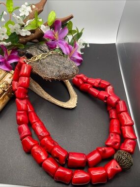 Barse chunky red coral 2 stranded necklace D38